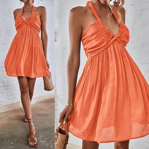 - Dresses & Skirts - Women's Dress Shirred Backless Halter Neck Dress Women's Dress Size S